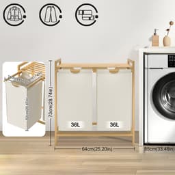 Wasmand van bamboeframe, 2 vakken, 36 l, 73 x 64 x 33,5 cm, wasverzamelaar met plank, waszak van Oxford-weefsel, wassorteerder, hout, waszakken voor bijkeuken, slaapkamer, beige — thumbnail 2