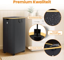 Posity Wasmand op Wielen – 100 Liter – Opvouwbaar – Wasmand Stof - Laundry Basket - Met Deksel & Handvaten - Bamboe - Incl. Waszak - Zwart — thumbnail 4