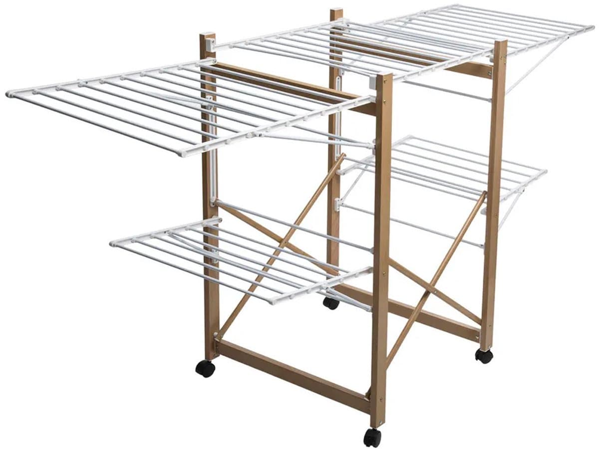 Five Wasrek - metaal - hout look - 176 x 60 x 103 cm - staand - droogrek - staand/inklapbaar — afbeelding 1