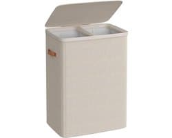 Wasmand 170 Liter met Deksel - 2 Vakken Wassorteerder - Grote Wasbox van Stof - 56x40x75 cm - Opvouwbare Waszak - Beige / Crème — afbeelding 1