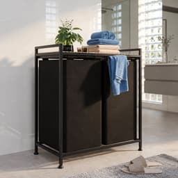 Zeo Wood Wasmand 2 Vakken – 123L Grote Wassorteerder – Dubbele Wasmand met Uitneembare Waszakken – Wasbox met Opbergrek – 66 x 36 x 70 cm – Zwart/Hout — thumbnail 4