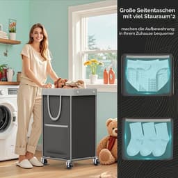 Wasmand met wieltjes, 150 liter, grote wasmand met 2 zakken en handgreep, wasverzamelaar met uitneembare waszak, gestabiliseerde stalen buizen, wasmanden voor bijkeuken, slaapkamer, badkamer — thumbnail 3