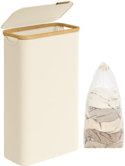 Wasmand 65 liter inklapbaar met deksel wasmand voor wasgoed smal design waterafstotend bamboe handvat — thumbnail 1