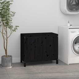 Zwart, 88,5 x 44 x 76 cm, van massief grenenhout, wasmand met gasveer en 2 vakken, voor badkamer, slaapkamer, hal — thumbnail 4