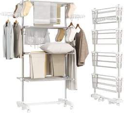 Droogtoren - Droogrek - Wasrek - Wastoren - 4 Lagen - Inklapbaar - 142x55x172 cm - Zilver en wit — thumbnail 1
