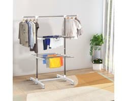 Droogtoren Mobiel – 2 Lagen – 136,5 x 55 x 154 cm – Kunststof en Roestvrij Staal – Zilver – Met Wielen