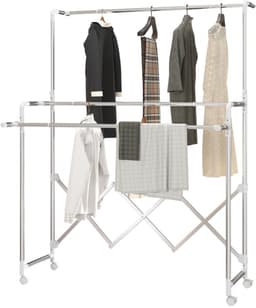 Opvouwbaar droogrek voor binnenshuis met 3 verstelbare stangen en 4 wieltjes, 104-150 x 103 x 145-197 cm, zilverkleurig — thumbnail 5