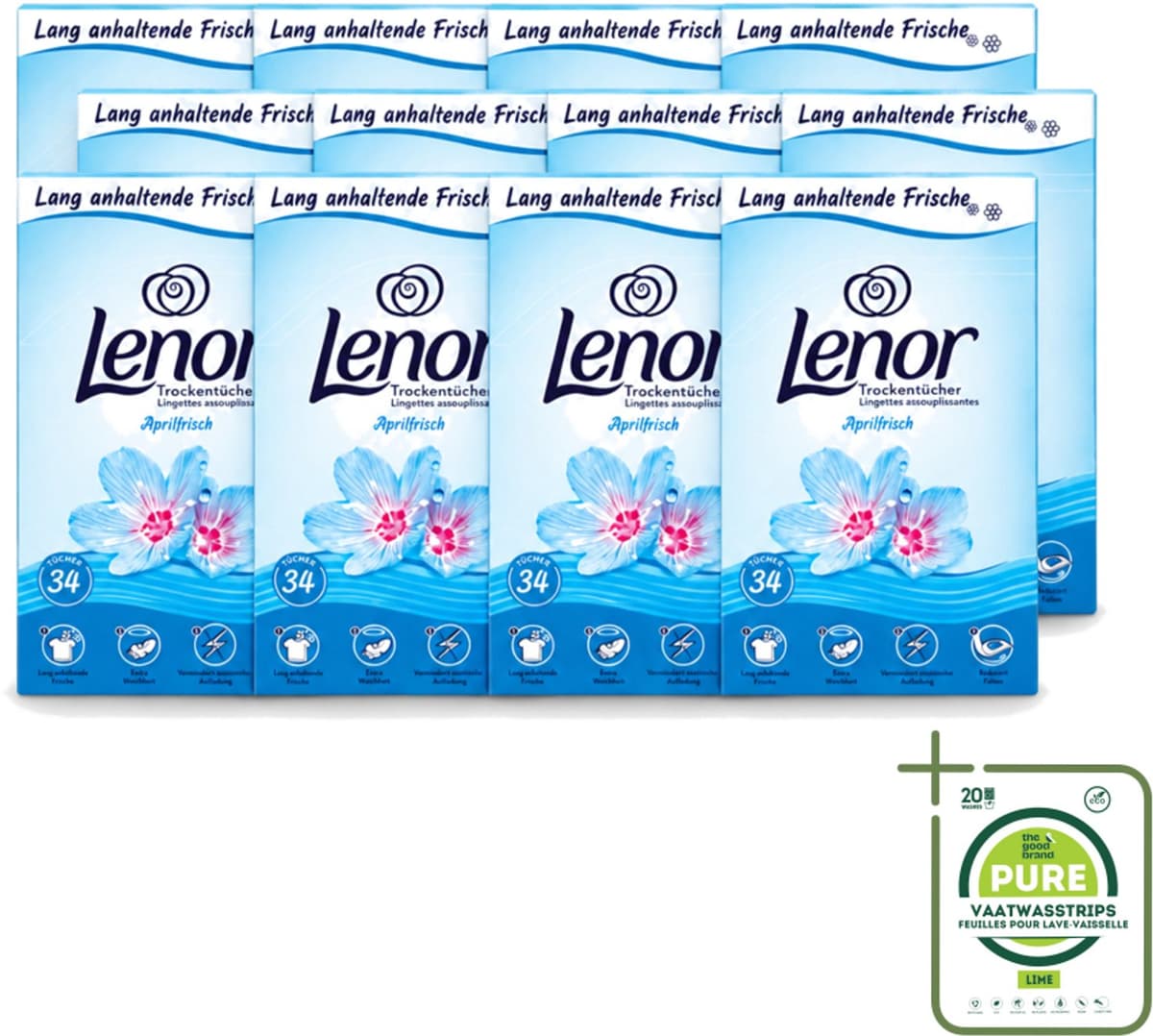 12 x Lenor - Droogtrommeldoekjes - Aprilfris - Textielverfrisser - 34 Doekjes - Grootverpakking - Vaatwasstrips - Droogtrommeldoekjes - Frisheid - Wasdoekjes - Statische Elektriciteit - Wasgoed — afbeelding 1
