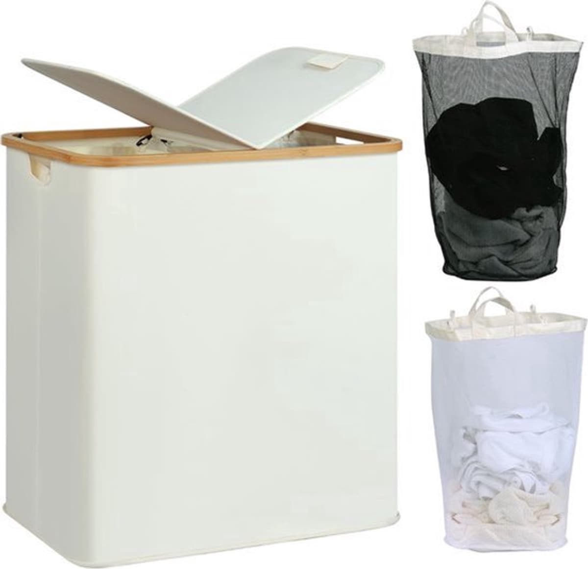 Wasmand 140l - Dubbel Compartiment - Linnen en Bamboe - Met Deksel — afbeelding 1