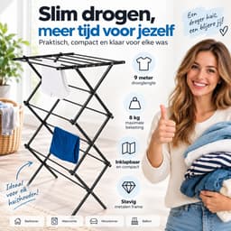 BOTC Droogrek Inklapbaar - Staand Wasrek met 9 Meter Drooglengte - Compact Opvouwbaar Droogrek voor Wasgoed - Metaal - Zwart — thumbnail 4