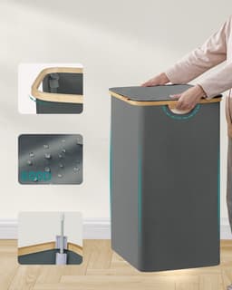 Klarven® Wasmand Bamboe Leigrijs - Wasmand met Deksel - Wasmand 2 Vakken - Wasmand Opvouwbaar - Laundry Basket - Waterafstotende Stof, 140 Liter Inhoud — thumbnail 5