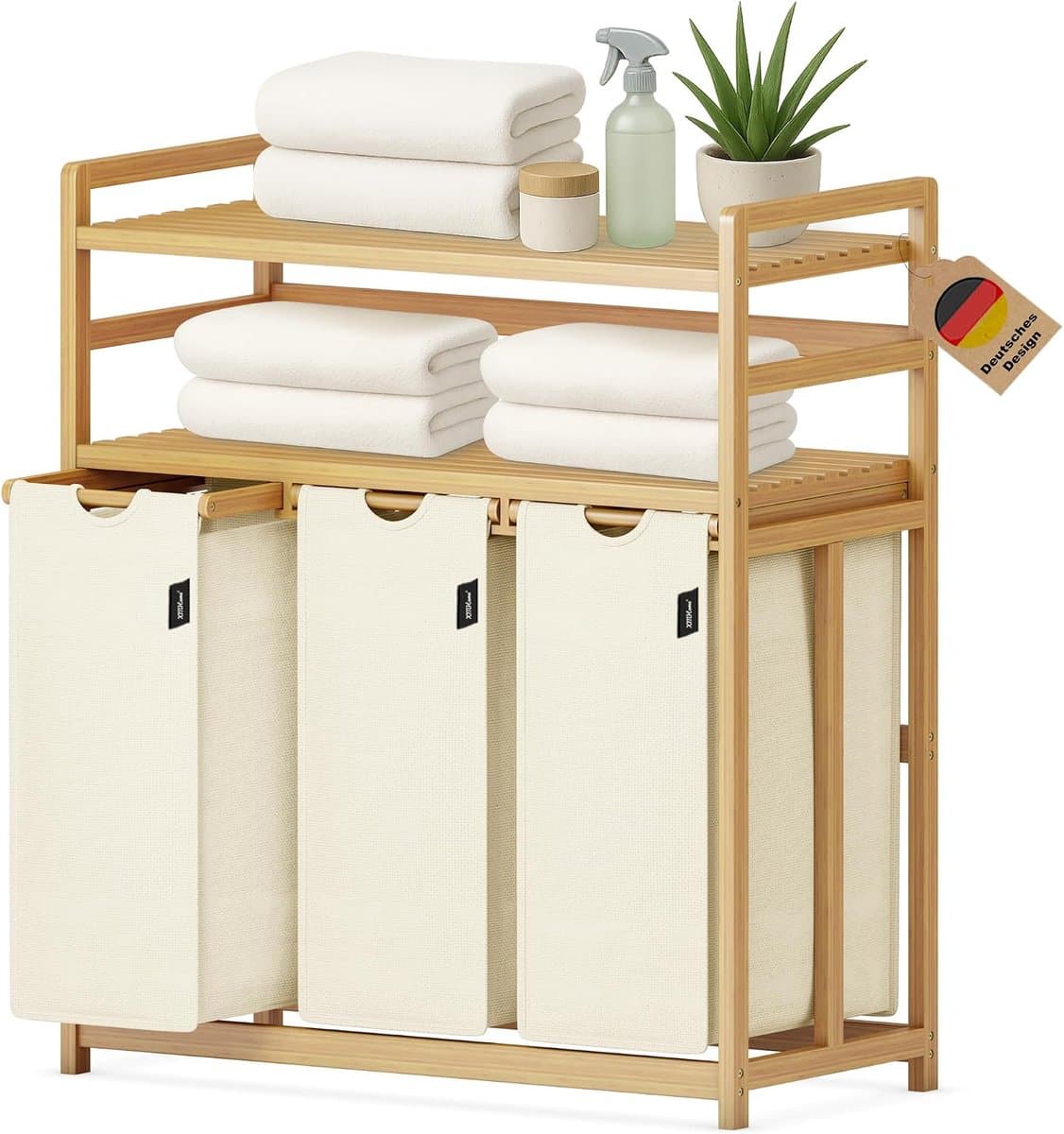 Wasmand 148L met 3 Vakken - Bamboe Wassorteerder met 2 Opbergplanken en Afneembare Waszak - 77,5 x 41,3 x 100,5 cm - Voor Badkamer, Slaapkamer en Wasruimte - Beige — afbeelding 1