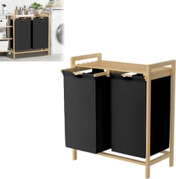 Wasmand met bamboeframe, afneembare en wasbare Oxford-stoffen zak, 2 aparte vakken, wassorteerder voor huishouden, zwart, 73 x 64 x 33,5 cm — thumbnail 1