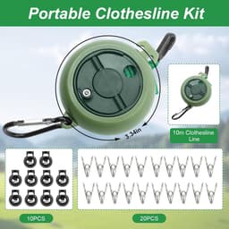 10 m uittrekbaar droogrek met 10 vaste gespen en 20 windbestendige wasknijpers, draagbaar outdoor touw voor dekbed, beddengoed, intrekbare draad voor tuin, balkon, reizen, camping — thumbnail 4