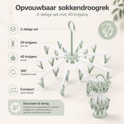 Bobypet - Droogrek - Sokkendroger Opvouwbaar - 2 Stucks - Winddicht & Anti-Slip - Wasrek met 40 Wasknijpers - 360° Draaibaar Droogrek - Voor Sokken & Ondergoed - Groen — thumbnail 3