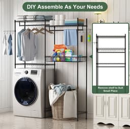 Triumpunpre - 4‑Laags Opbergrek Boven Wasmachine En Droger - Verstelbaar Wasruimte Organisator Met Kledingstang - Draadmand, Haken En Wasmand — thumbnail 2