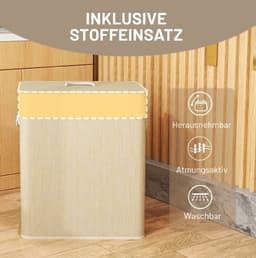 MIVRAY Wasmand Met Deksel – 100 Liter En Twee Vakken – 52 x 32 x 63 cm – Bamboe – Wit – Was Sorteren En Opbergen — thumbnail 3