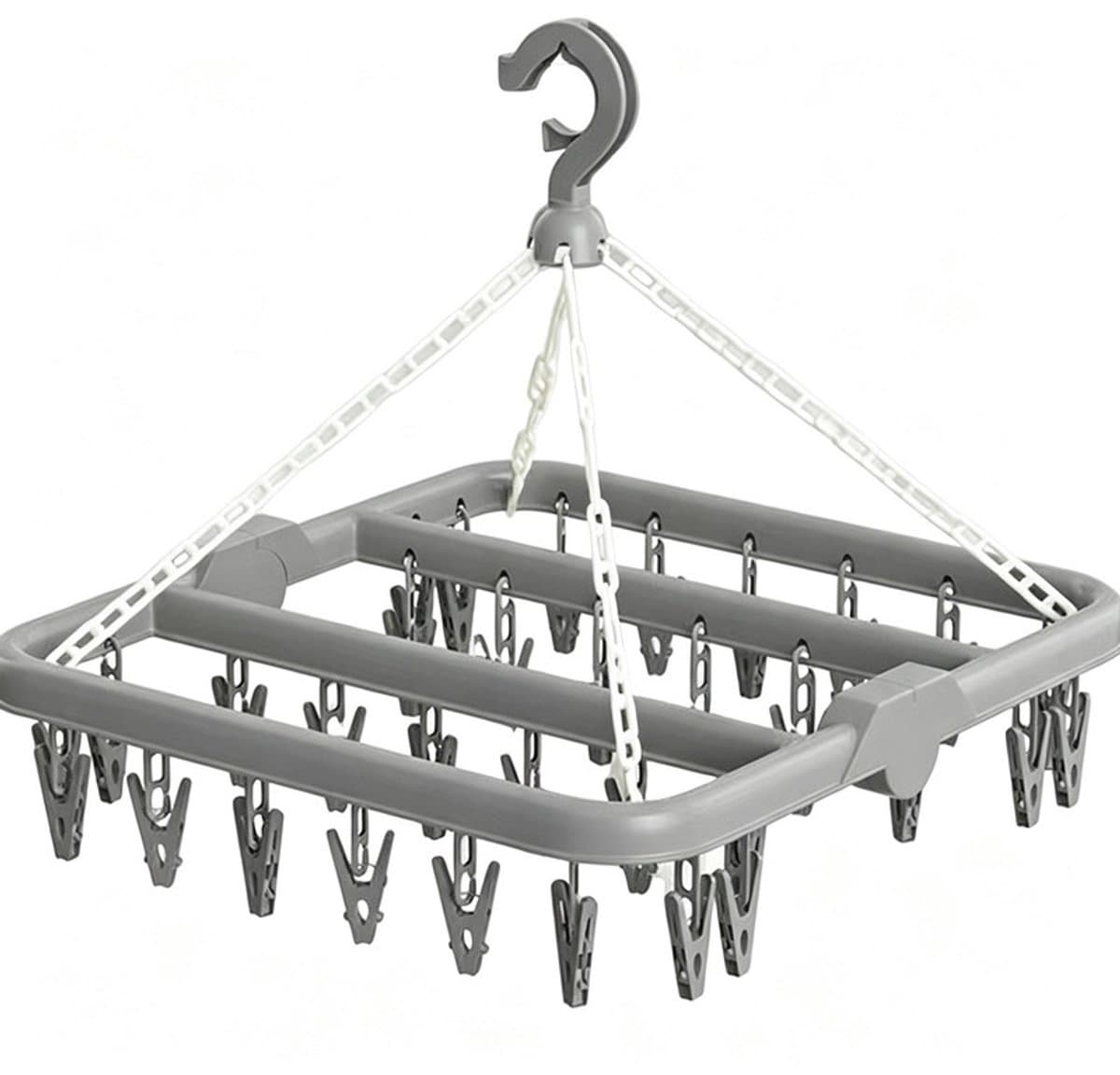 Hangend droogrek met 32 ​​knijpers — Veelzijdig rek voor sokken, ondergoed en kleine kledingstukken — Hoog draagvermogen, draaibare haak, stevige grip — Opvouwbaar, draagbaar en ruimtebesparend — 32 x 32 x 35 cm — afbeelding 1