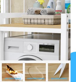 Livista Wasmachinerek - Wasmachine kast - Badkamerrek – Ruimtebesparende Wasmachine Organizer – Stalen Frame – 3 Hoogtestanden – Water-, Kras- en Hittebestendig Werkblad – Antislip Voetjes – 200 kg Draagvermogen - Wit/Hout — thumbnail 4