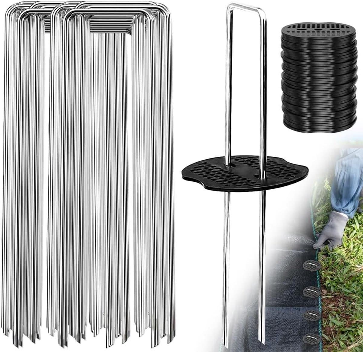 Set van 50 Grondankers met 50 Gegalvaniseerde Metalen Ringen voor Tuin, Camping en Onkruiddoek — afbeelding 1