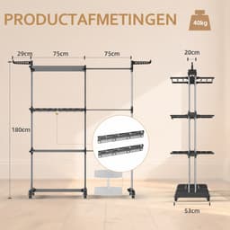 Arvioo - Uitschuifbaar droogrek - 3‑lagen - opwisselbaar - met wielen - grijs — thumbnail 1