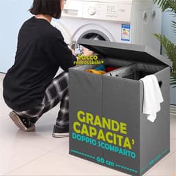 Vuile wasmand 150 l met 2 vakken, dubbele mand met uitneembare waszakken, sorteerbak met metalen handgrepen, geurdicht deksel, 64 x 36 x 65 cm — thumbnail 4