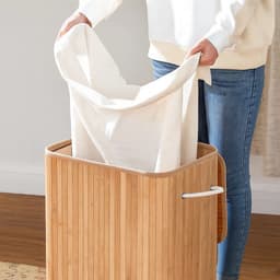 Ceruzo Wasmand 2 Vakken – Bamboe Wassorteerder 100L – Uitneembare Binnenzak – 52x32x60 cm — thumbnail 2