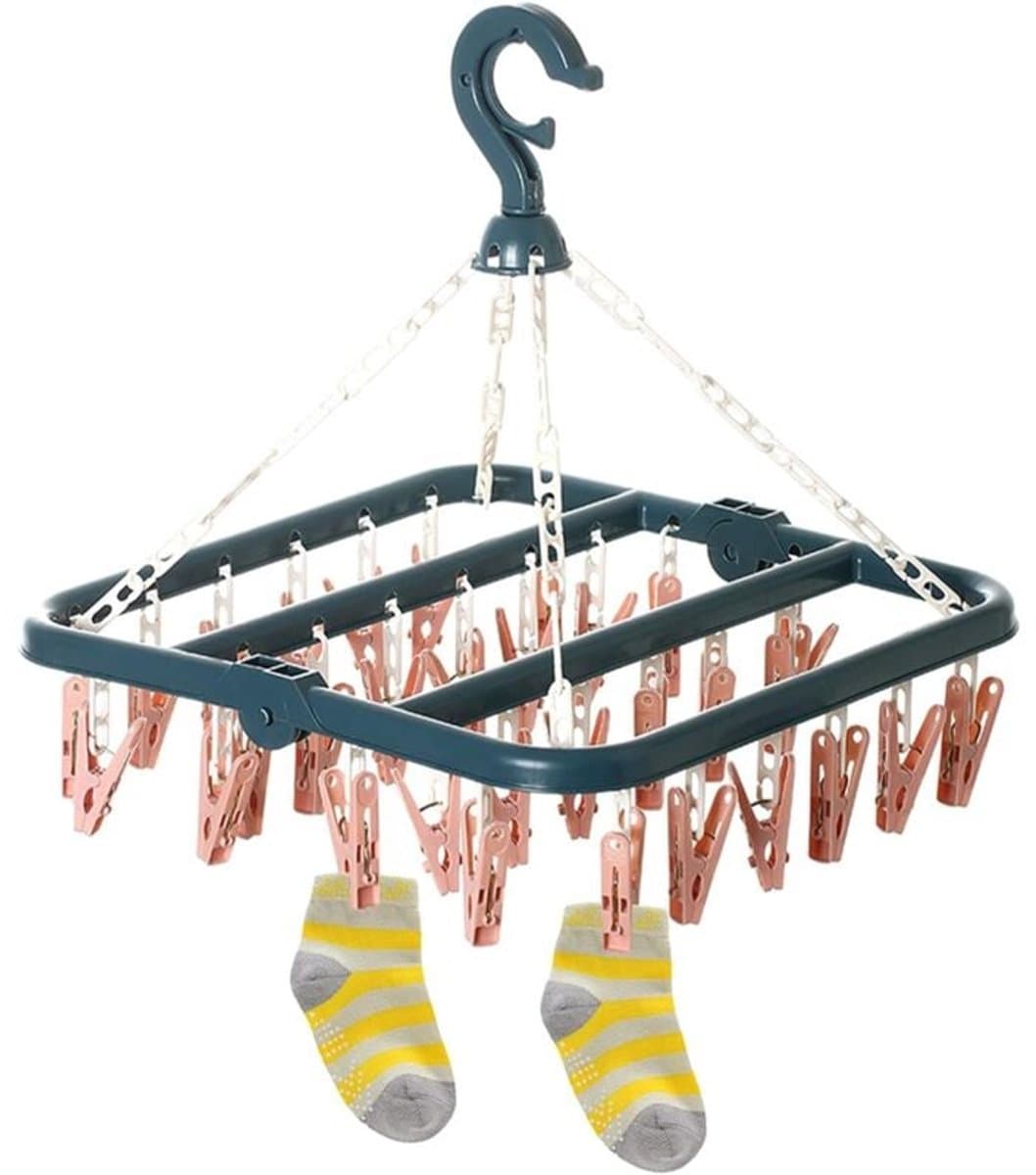 Sokkendroogrek, sokkendroogrek met 32 clips voor ondergoed, sokken, duurzame plastic wasknijpers voor binnen- en buitengebruik — afbeelding 1