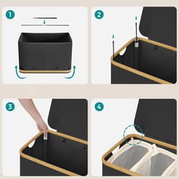 Wasmand met deksel, 3 vakken voor vuile was, met 3 afneembare mesh voeringen. Grote capaciteit van 150 liter, modern en eenvoudig design. 60 x 38.5 x 70.5 cm, zwart. — thumbnail 5