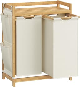 SONGMICS - wasmand 2 compartimenten - totaal 100 liter - wassorteerder - wasmand meubel - bamboe - met plank - 63 x 33 x 78 cm - crèmewit / houtkleurig — thumbnail 1