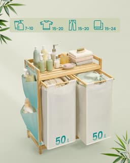 SONGMICS - wasmand 2 compartimenten - totaal 100 liter - wassorteerder - wasmand meubel - bamboe - met plank - 63 x 33 x 78 cm - crèmewit / houtkleurig — thumbnail 2