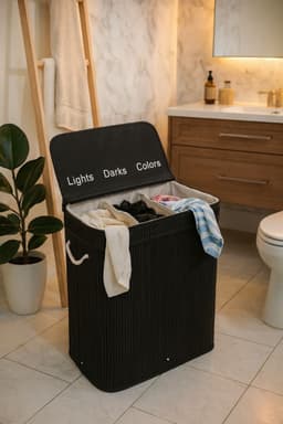 Ceruzo Wasmand 3 Vakken – Bamboe Wassorteerder 100L – Uitneembare Binnenzak – Zwart — thumbnail 3