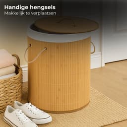 Lomera Bamboe Wasmand - Wasmand Met Deksel - 48 Liter Capaciteit - Ronde Wasmand - Natuurlijke Kleur - Afneembaar Deksel - Draaghengsels - Katoenen Waszak - Wasbare Zak - Metalen Ring Versteviging — thumbnail 4