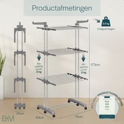 BAUER & MEYER® - Droogrek - Inklapbaar Wasrek - Incl. 20 wasknijpers - Droogtoren - Wastoren - 173 x 75 x 63 cm - Grijs — thumbnail 2