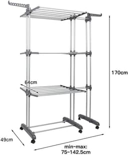 Amolass - Wasrek Inklapbaar - Droogrek - Staand - 4-Laags met Wielen - Grijs - UItschuifbaar - 173x151x49cm - Voor Binnen/Buiten — thumbnail 5