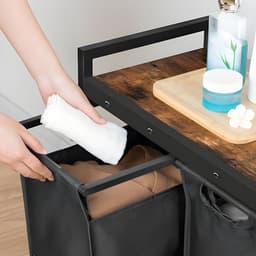 Wasverzamelwagen met Sorteerplank en 2 Afneembare Zakken - Mobiele Wasmand op Wieltjes met Opbergplank voor Wasmiddel - Vintage Bruin Ontwerp — thumbnail 2