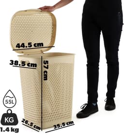 KADAX Plastic wasbak, lichte wasmand, wasverzamelaar van kunststof, luchtdoorlatende wasbox, met deksel (beige) — thumbnail 2