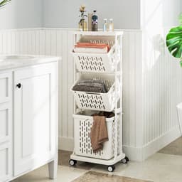 COSTWAY Wasmand met 3 verdiepingen op wieltjes, wasmand met 3 manden en handvat, wasverzamelaar met metalen frame, wassorteerder voor badkamer, waskeuken, wit — thumbnail 3