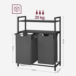 Wasmand, wasbak, wasverdelersysteem met 2 uittrekbare en afneembare zakken en dubbele opbergrek, elke zak met een capaciteit van 46 liter, geschikt voor badkamer of wasruimte, 73 x 33 x 91 cm, zwart — thumbnail 2