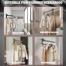 Aan de muur bevestigd droogrek, zwart droogrek, kledinghaak aluminium, intrekbaar, opvouwbaar, binnen wand gemonteerd droogrek, ruimtebesparend, wasruimte slaapkamer, zwarte 2-delige set — thumbnail 5
