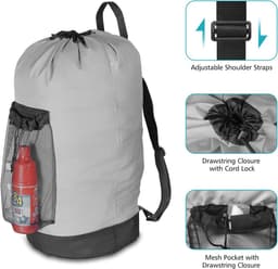 Rugzak waszak, wasrugzak met schouderbanden en netvakken, reistas voor buitensporten, duurzame nylon wasmand met trekkoordsluiting, waterdichte opbergtas voor universiteit, reizen, wasserette, appartement, grijs — thumbnail 5