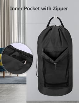 Rugzak waszak, wasrugzak met schouderbanden en netvakken, reistas voor buitensporten, duurzame nylon wasmand met trekkoordsluiting, waterdichte opbergtas voor universiteit, reizen, wasserette, appartement, zwart — thumbnail 3