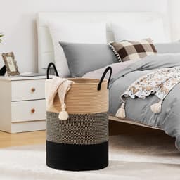 CHIWIN Wasmand Opvouwbaar Katoen - Ronde Wasmand met Hengsel - Wasbox Handgeweven 56L - Wassorteerder - Multifunctioneel Opbergmand - Ademend materiaal — thumbnail 3