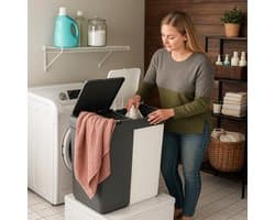 Wasmand - 2 Vakken met Deksel - Met Touch Deksel - Gemaakt van 100% gerecycled kunststof - 80 L - wasmand met deksel - Wassorteerder - Grijs - Wit
