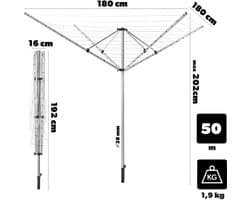 KADAX Wäschespinne mit 50 Meter Wäscheleine, Wäscheständer aus rostfreiem Aluminium für Draußen, höhenverstellbare Wäscheschirm mit Bodenhülse für Garten