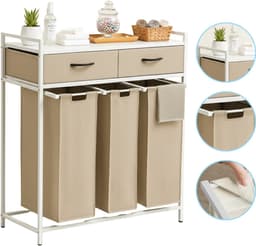 Casayali® TrioSort Wasmanden 150 Liter - Wasmand 3 Vakken - Uitschuifbare Wassorteerder met Laden - Crème — thumbnail 1