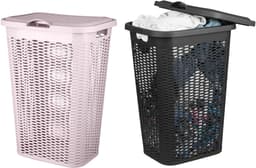 Wasmand Ventilation - met deksel - 2x stuks - zwart en roze - 50 liter - 61 x 43 cm — thumbnail 1
