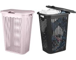 Wasmand Ventilation - met deksel - 2x stuks - zwart en roze - 50 liter - 61 x 43 cm