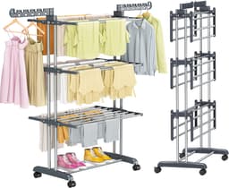 Ruesious Multifunctioneel opvouwbaar droogrek voor kleding - met rem, universele wielen - balkonschoen en droogrek voor kleding thuis — thumbnail 4