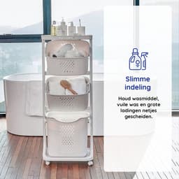 Eleganca Wasmand 3 vakken - Inhoud 82 L - Wassorteerder - Afneembare manden - Wasmand op Wielen - Ruimtebesparend - B44xD33xH109 cm - Kunststof - Gebroken Wit — thumbnail 3